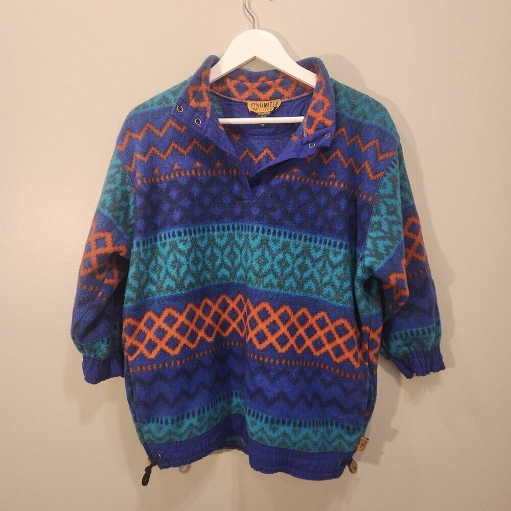 VTG The Limited Jeans Fleece Pullover 90s Geometric Mock Neck Snap Small Medium